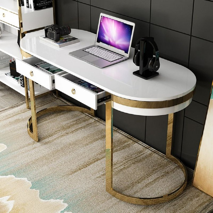 Everly Quinn White/Black Office Desk Modern 55" Gold Writing Desk With